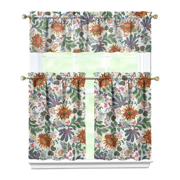 Floral Print Tier Curtains Set of 3 - Nature Inspired Garden Design Rod Pocket Panels