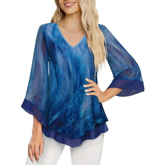Floral Print Top Breathable Polyester Blend Elegant Floral Print Top - V-Neck, Bell Sleeves