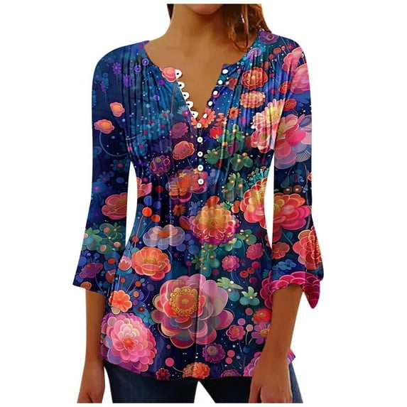 Floral Print Tops For Womens Summer V Neck Button-Up Tunic Blouses 3/4 Sleeve Shirts Elegant Dressly T-Shirts Trendy Outfits Tee Clothings