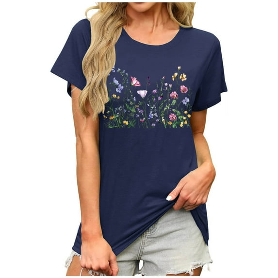Floral Print Tops Summer T-Shirts for Women Short Sleeve Tunic Tops Loose Fit Casual Crew Neck Graphic Tee (2XL, Navy 01)