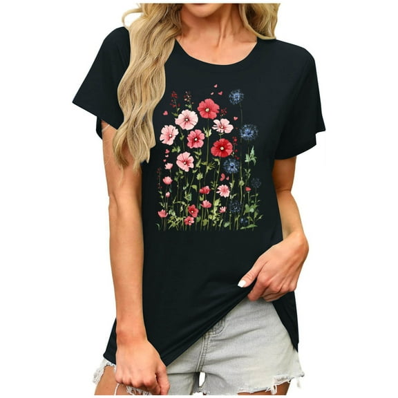 Floral Print Tops Summer T-Shirts for Women Short Sleeve Tunic Tops Loose Fit Casual Crew Neck Graphic Tee (L, Black)