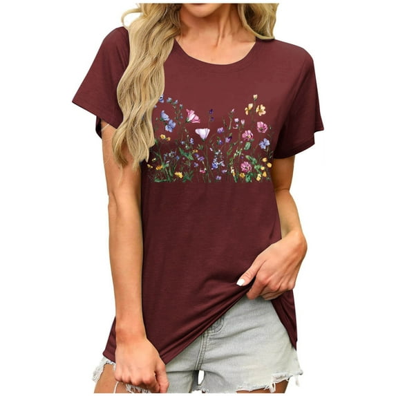 Floral Print Tops Summer T-Shirts for Women Short Sleeve Tunic Tops Loose Fit Casual Crew Neck Graphic Tee (L, Wine 01)