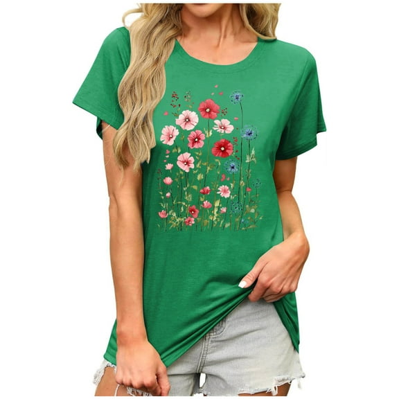 Floral Print Tops Summer T-Shirts for Women Short Sleeve Tunic Tops Loose Fit Casual Crew Neck Graphic Tee (M, Green)