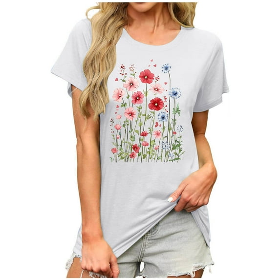 Floral Print Tops Summer T-Shirts for Women Short Sleeve Tunic Tops Loose Fit Casual Crew Neck Graphic Tee (S, White)