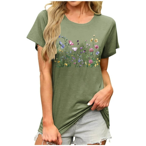 Floral Print Tops Summer T-Shirts for Women Short Sleeve Tunic Tops Loose Fit Casual Crew Neck Graphic Tee (XL, Army Green 01)
