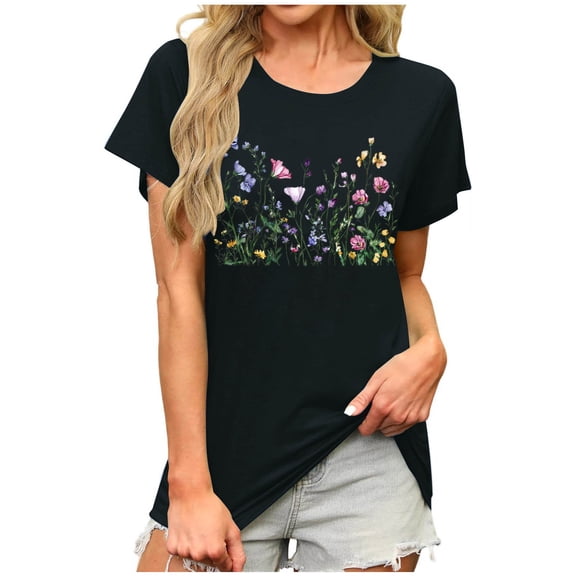 Floral Print Tops Summer T-Shirts for Women Short Sleeve Tunic Tops Loose Fit Casual Crew Neck Graphic Tee (XL, Black 01)