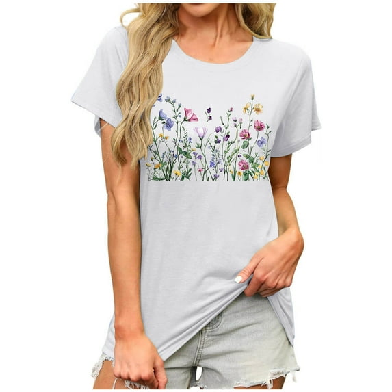 Floral Print Tops Summer T-Shirts for Women Short Sleeve Tunic Tops Loose Fit Casual Crew Neck Graphic Tee (XL, White 01)