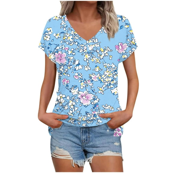 Floral Print Tops for Womens Short Sleeve T-Shirts V Neck Tee Shirts Basic Tee Loose Fit 2025 Fashion
