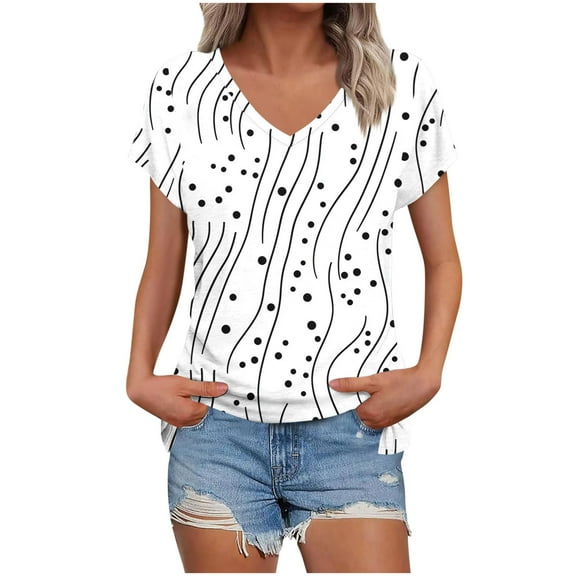 Daisy Print T-Shirts for Womens V Neck Tee Short Sleeve Tops Loose Fit Tunic Blouses Cute Gym Workout Clothes