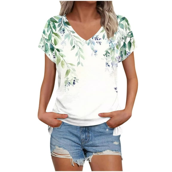 Daisy Print T-Shirts for Womens V Neck Tee Short Sleeve Tops Loose Fit Tunic Blouses Cute Gym Workout Clothes