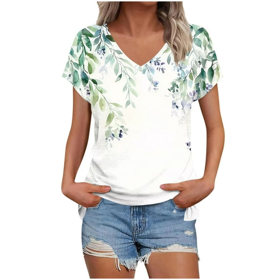 Daisy Print T-Shirts for Womens V Neck Tee Short Sleeve Tops Loose Fit Tunic Blouses Cute Gym Workout Clothes