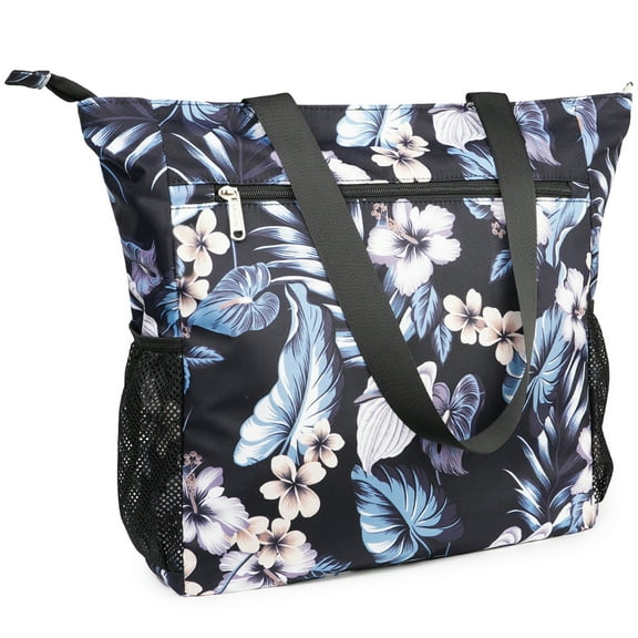 Floral Print Travel Beach Tote Bag Large Capacity Shoulder Handbag with Multi Pockets Water-resistant for Seaside Shopping Casual for Women, Black