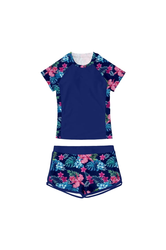 Floral Print Two Piece Bikini Set For Girls Beach And Pool Summer Outfits With Comfortable Round Neck Top And Matching Shorts