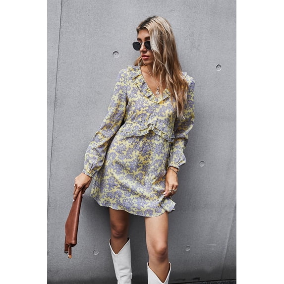 Floral Print V Neck Long Sleeve Ruffle Detail Dress for Women