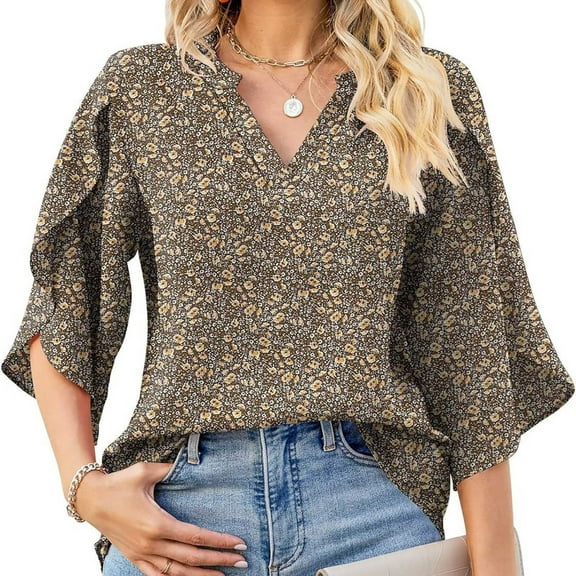 Floral Print V Neck Loose Chiffon Blouse With Petal Sleeves For Women Women S Summer Shirts Womens Turtleneck Long Sleeve Tops Petite Turtleneck Short Sleeved Shirts for Women Casual Long Sleeve Tee
