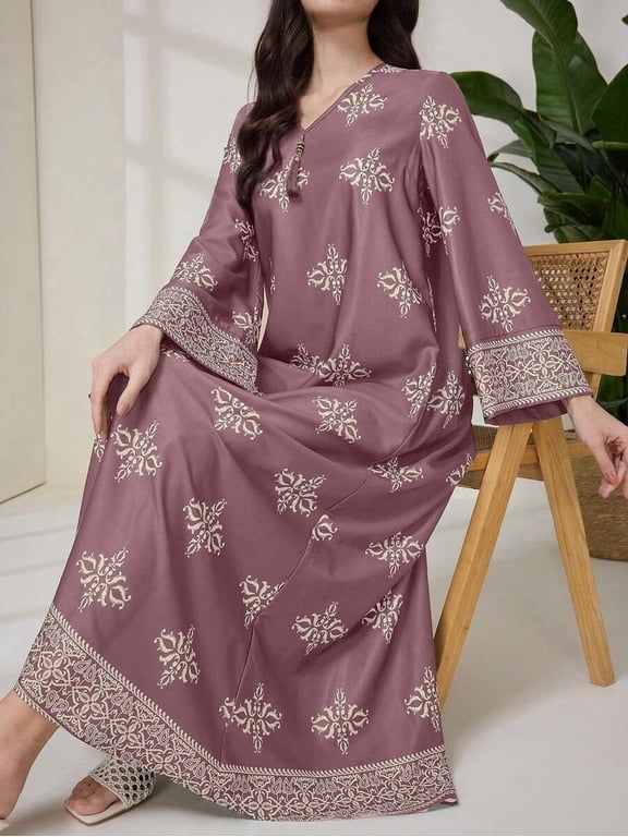 Floral Print V-Neck Maxi Dress for Women Long Sleeve Loose Fit Border Trim Arabic Kaftan