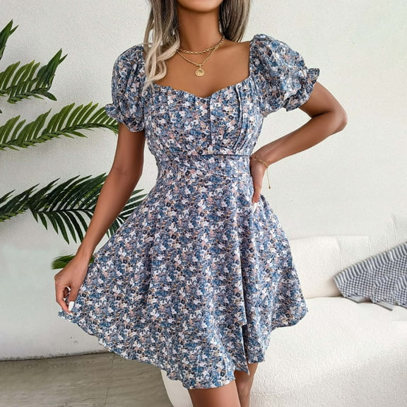 Floral Print V-Neck Short Sleeve Casual Dress for Women Lightweight Summer Mini Dress Polyester Comfortable Daily Wear Party Wedding Holiday