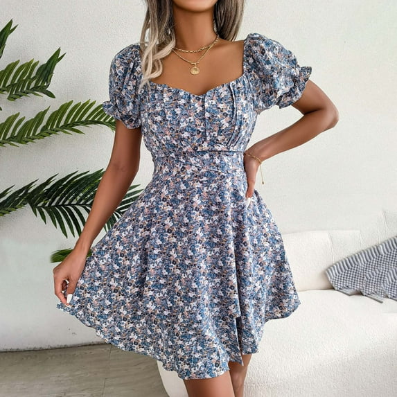 Floral Print V-Neck Short Sleeve Casual Dress for Women Lightweight Summer Mini Dress Polyester Comfortable Daily Wear Party Wedding Holiday