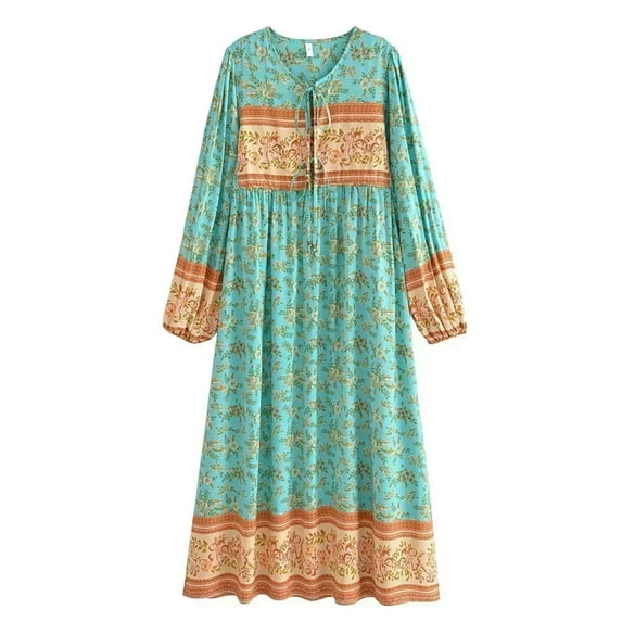 Floral Print Vintage Women V-neck Lantern Sleeve Tassel Beach Bohemian Maxi Dress Rayon Holiday Boho Dress Robe Vestidos