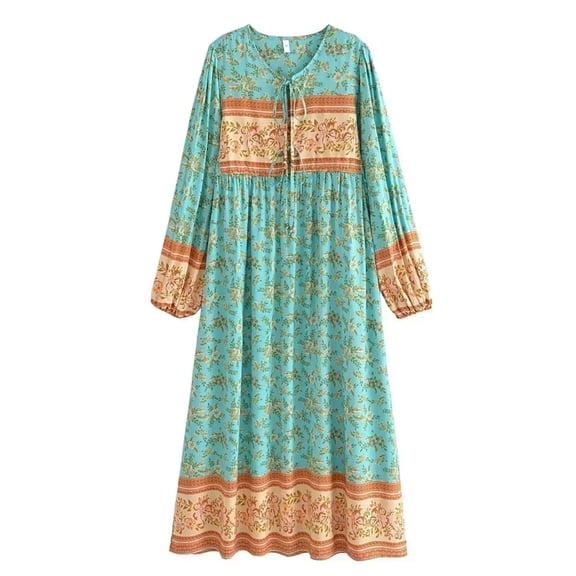 Floral Print Vintage Women V-neck Lantern Sleeve Tassel Beach Bohemian Maxi Dress Rayon Holiday Boho Dress Robe Vestidos