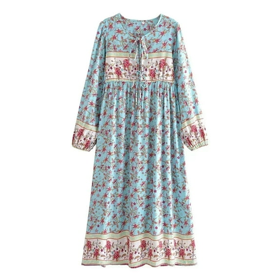 Floral Print Vintage Women V-neck Lantern Sleeve Tassel Beach Bohemian Maxi Dress Rayon Holiday Boho Dress Robe Vestidos