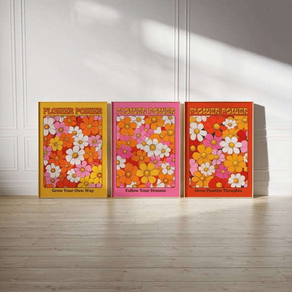 Floral Print Wall Art 70s Retro Decor Inspirational Funky Home Decor Boho Hippie Dopamine Decor Set 3 Unframed Paper Print 16x24
