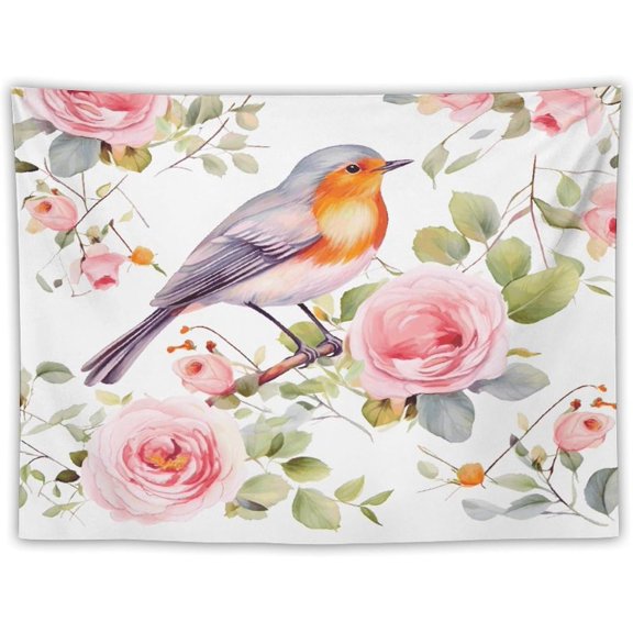 Floral Print Watercolor Robin Bird Wall Tapestry, Personalized Home Decor for Bedroom Living Room Dorm, 30 x 40 Inches