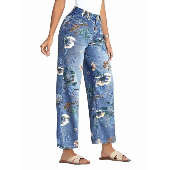Floral Print Wide Leg Pants for Women Trendy Mid Rise Boho Ankle Cute Jeans Light Blue M