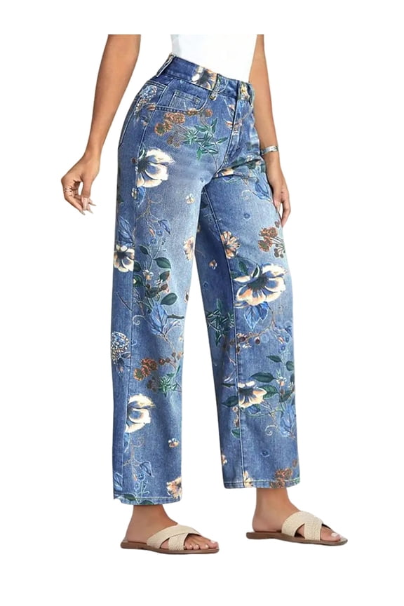 Floral Print Wide Leg Pants for Women Trendy Mid Rise Boho Ankle Cute Jeans Light Blue XL