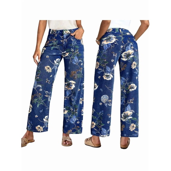 Floral Print Wide Leg Pants for Women Trendy Mid Rise Boho Ankle Cute Jeans S