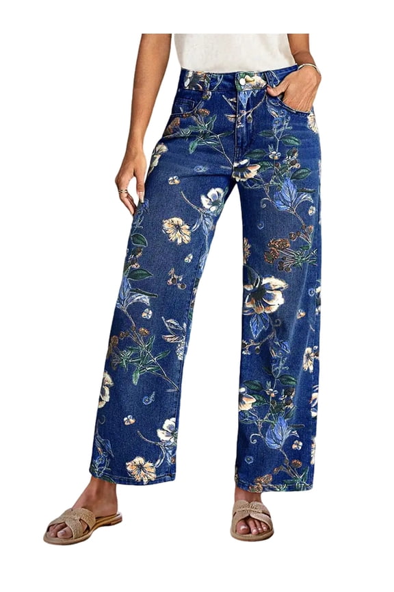 Floral Print Wide Leg Pants for Women Trendy Mid Rise Boho Ankle Cute Jeans XL