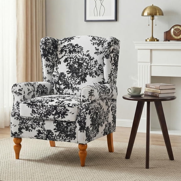 Floral Print Wingback Accent Chair With Solid Wood Legs For Living Room