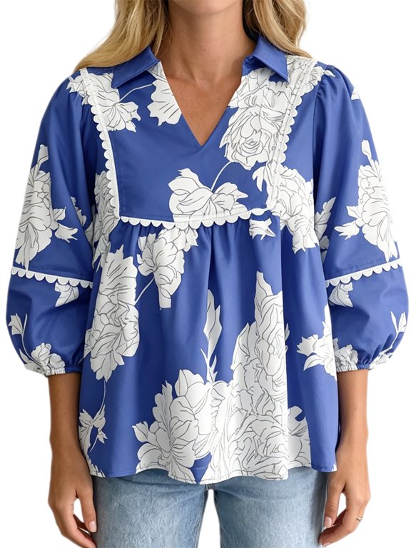 Floral Print Women Casual Loose Peplum V-neck Flowy Blouse Tops