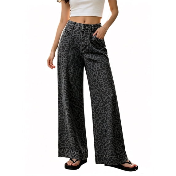 Floral Print Women Long Jeans Wide Leg Casual Denim Pants