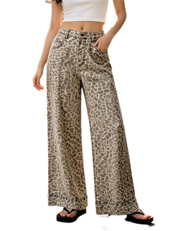 Floral Print Women Long Jeans Wide Leg Casual Denim Pants