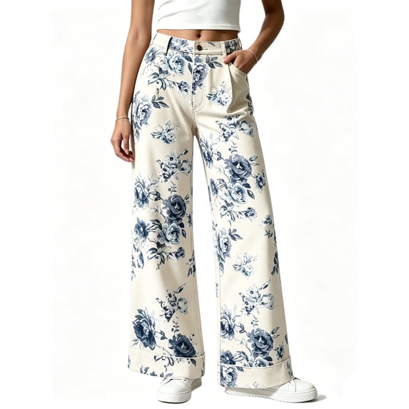 Floral Print Women Long Jeans Wide Leg Casual Denim Pants