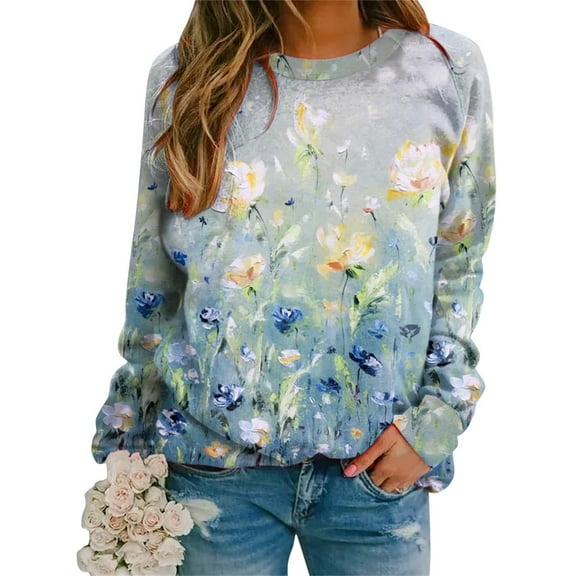 Floral Print Women Sweatshirts Color Block Long Sleeve Crew Neck Casual Pullover Tops