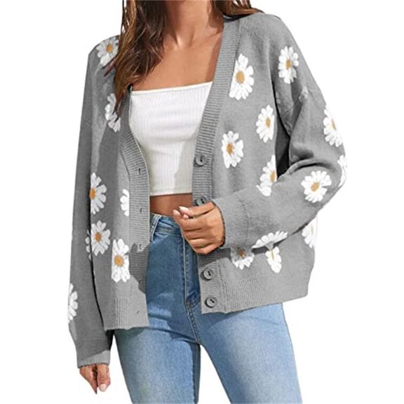 Floral Print Women V-Neck Long Sleeve Cardigan Button Knit Coat