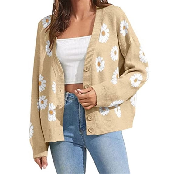 Floral Print Women V-Neck Long Sleeve Cardigan Button Knit Coat