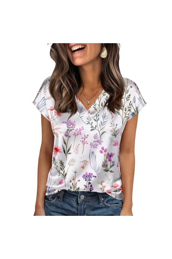 Floral Print Women's Silk Satin Tops - Cap Sleeve V Neck Blouse, Business Casual Style for Office, Daily Wear & Weekend Activities
