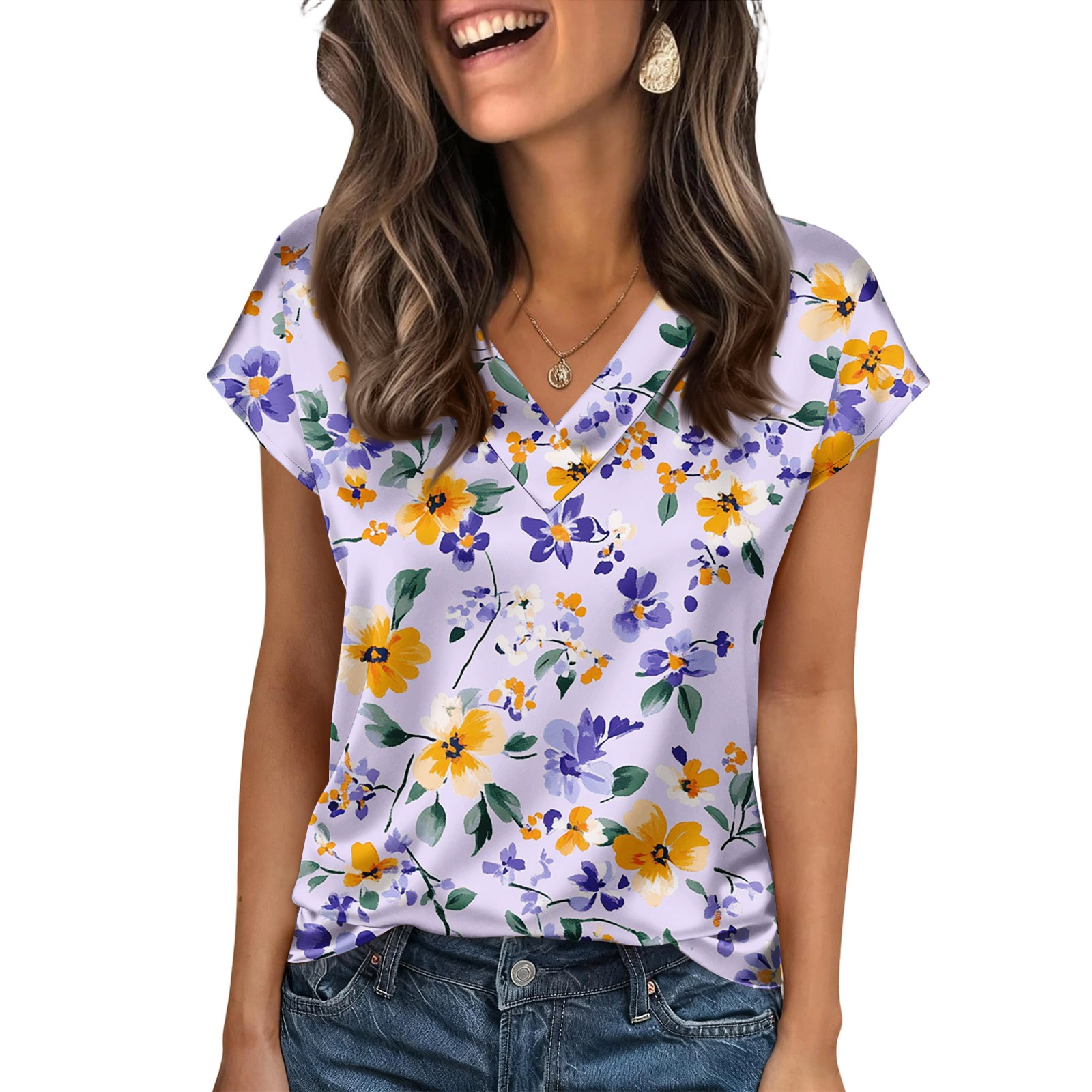 Floral Print Women's Silk Satin Tops - Cap Sleeve V Neck Blouse ...