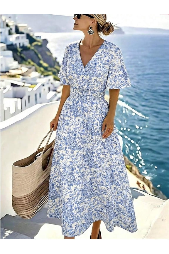 Floral Print Women's Spring Summer Dress - V-Neck Wrap, Waist-Gathered Midi, Romantic Elegant Vacation Style