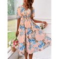 thumbnail image 1 of Floral Print Women's Spring Summer Dress - V-Neck Wrap, Waist-Gathered Midi, Romantic Elegant Vacation Style, 1 of 10