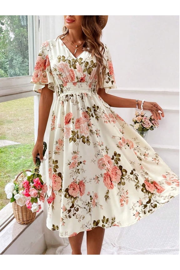 Floral Print Women's Spring Summer Dress - V-Neck Wrap, Waist-Gathered Midi, Romantic Elegant Vacation Style