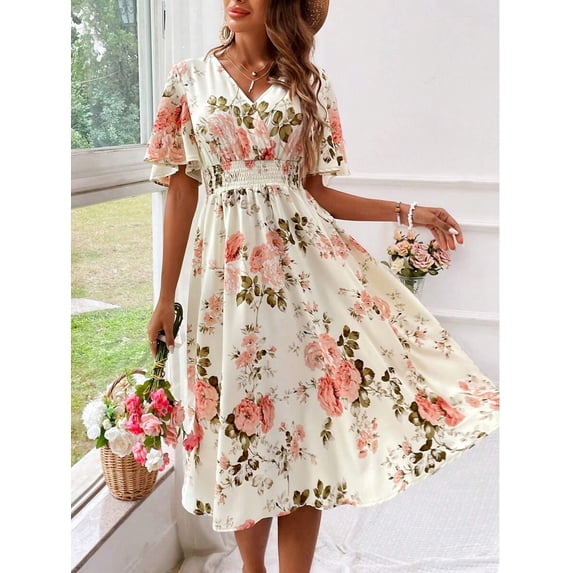 Floral Print Women's Spring Summer Dress - V-Neck Wrap, Waist-Gathered Midi, Romantic Elegant Vacation Style