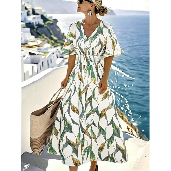 Floral Print Women's Spring Summer Dress - V-Neck Wrap, Waist-Gathered Midi, Romantic Elegant Vacation Style