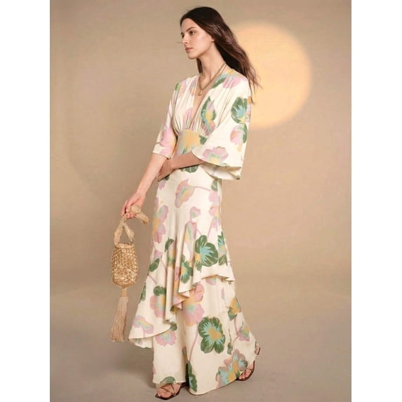 Floral Print Wrap Maxi Dress With Ruffle Hem In Pink