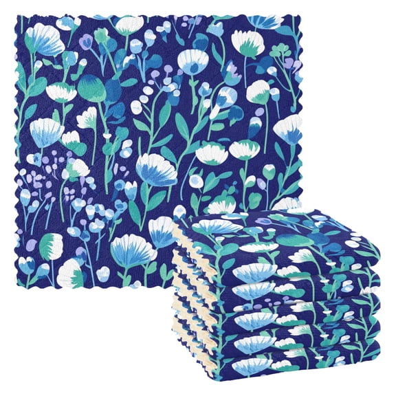 Floral Print on Dark Blue Background Kitchen Cloth Dish Towels for Drying Washing Absorbent Dish Rags 6 Pack