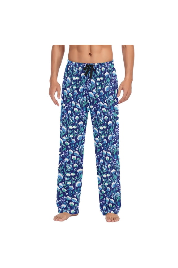 Floral Print on Dark Blue Background Mens Pajama Pant Sleep and Lounge Bottons with Pockets