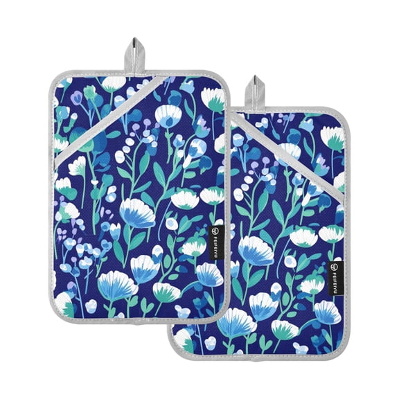 Floral Print on Dark Blue Background Oven Mitts Pot Holders 2 pcs Heat Resistant for Kitchen Baking Grilling